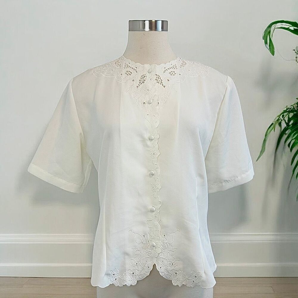 Claudia Richard White Floral Embroidered Cutout Short Sleeve Secretary Blouse 8